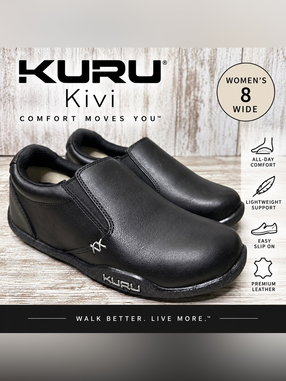 KURU Kivi Women’s 8 Wide Black Leather Slip On Comfort Walking Shoes